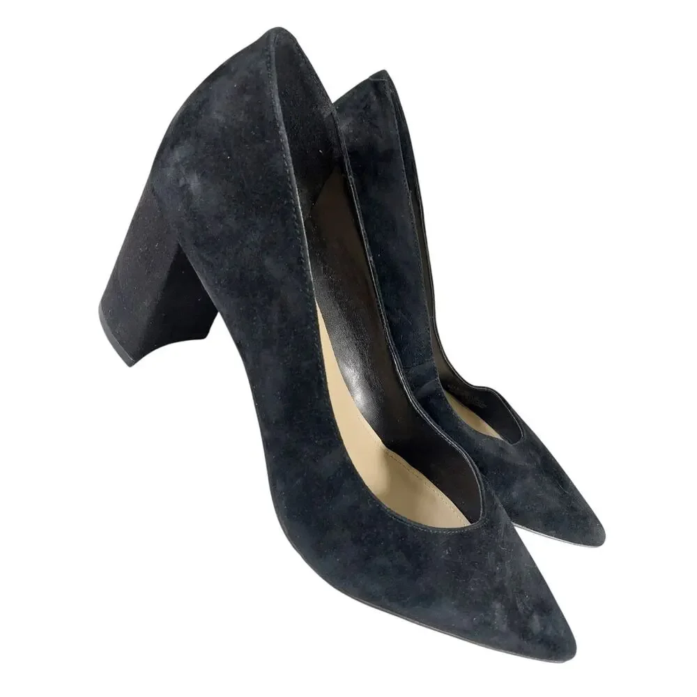 MARC FISHER! BLACK GENUINE SUEDE LEATHER CHUNKY HEEL POINTY TOE PUMPS, HEELS! 9M